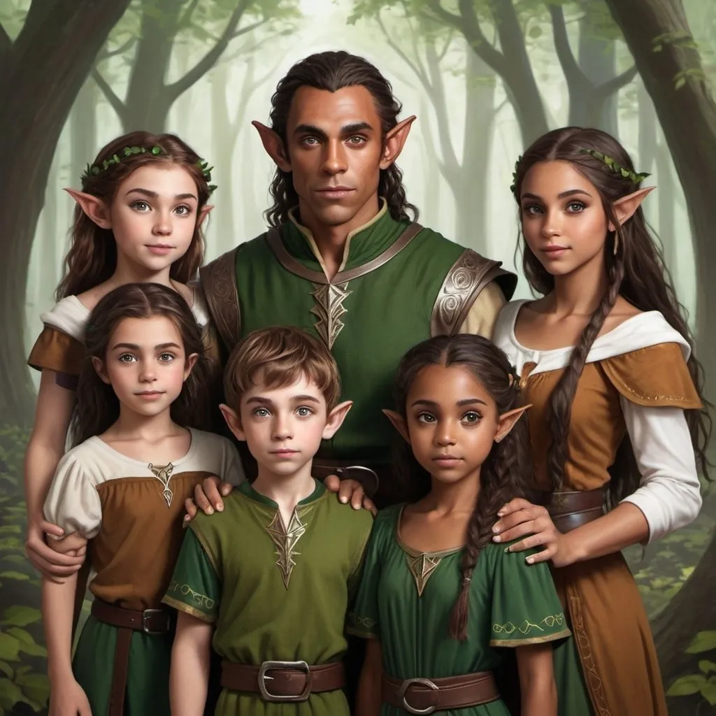 Prompt: hyper-realistic half elf family, they are a woodland elf, dark tanned skin, There is one male, one female, 2 young boys, and 2 young girls, They all have either green or brown eyes, All have brunette hair of various hues and styles, fantasy character art, illustration, dnd, warm tone