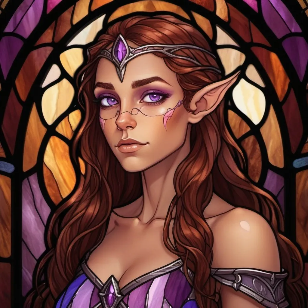 Prompt: female half elf character, she has violet eyes, she has long reddish brown wavy hair, she has tanned skin, she has black eye brows and eye lashes, She is very goddess like, fantasy character art, illustration, dnd,