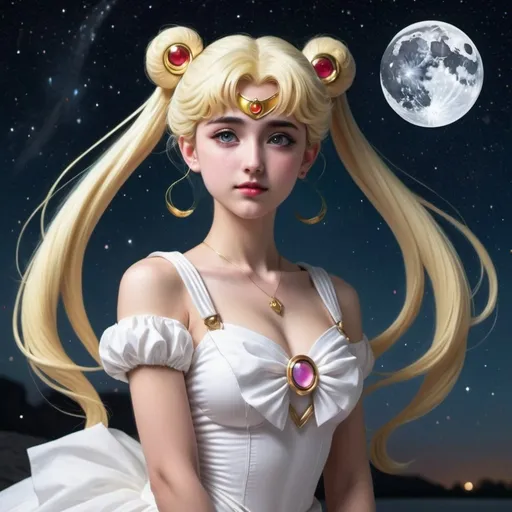 Prompt: hyper-realistic, Full body, sailor moon/ princess serenity,  fantasy character art, illustration, dnd, Starry night sky back ground,