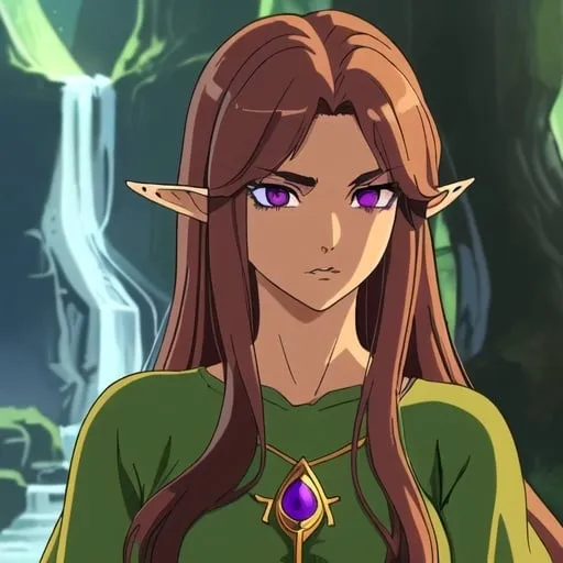 Prompt: female half elf character, she has violet eyes, she has long reddish brown wavy hair, she has tanned skin, she has black eye brows and eye lashes, She is very goddess like, fantasy character art, illustration, dnd,