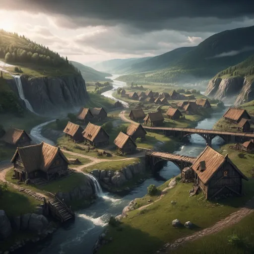 Prompt: small farming viking like settlement, bridge and river that run through town, the area is very hilly and near by is a large forest, dramatic fantasy settlement scene, cinematic lighting