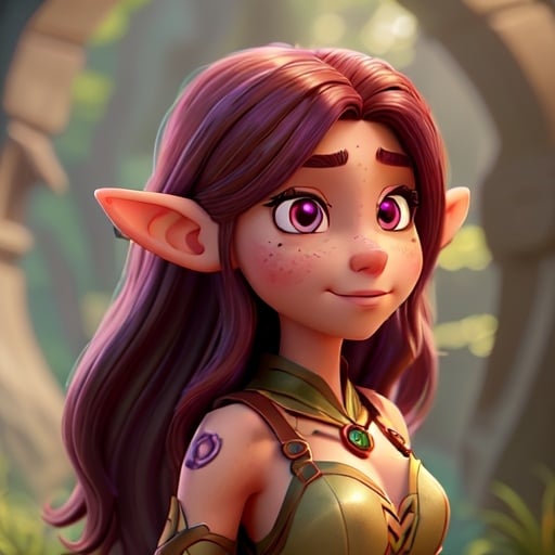 Prompt: female half elf character, she has violet eyes, she has long reddish brown wavy hair, she has tanned skin, she has black eye brows and eye lashes, She is very goddess like, fantasy character art, illustration, dnd,