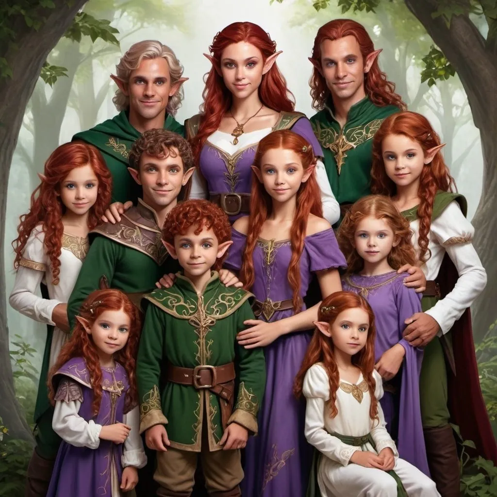 Prompt: hyper-realistic elf family, there are 2 eleven men, there are 2 elven women, there are 4 eleven young boys, there are 6 elven young girls. The entire family has long to medium length curly red hair of various hues. They have tanned skin tone. They all have violet eyes, Their family crest is a dragon,  fantasy character art, illustration, dnd, 