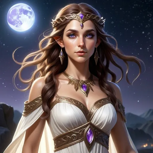 Prompt: Full body, hyper-realistic female elf character, she is a sorceress, she has violet eyes, she has long dark brown auburn wavy hair, she has tan skin, she has black eye brows and eye lashes, She is a goddess or light, she is average height with an hour glass body shape, she is wearing a white grecian goddess like gown, a bright light emanates around her, high quality, rpg-fantasy, detailed, night sky background