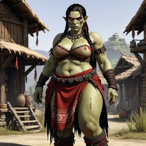 Prompt: Full body, female orc character, she has red eyes, she has long braided black hair with red ends, she has green skin, She is very chubby but also pretty, She has no winkles in her face, She is tall. She is very curvy, she is wearing a tribal warrior dress, high quality, rpg-fantasy, detailed,  tribal settlement background