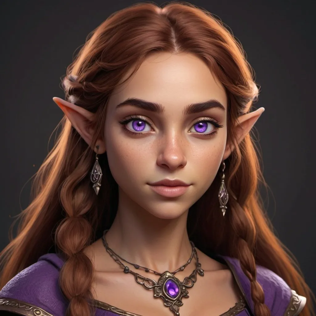 Prompt: female half elf character, she has violet eyes, she has long reddish brown wavy hair, she has tanned skin, she has black eye brows and eye lashes, She is very goddess like, fantasy character art, illustration, dnd, in 3d Shrek style