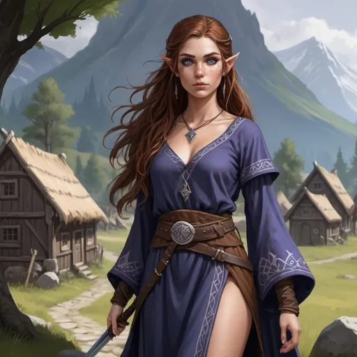 Prompt: Full body, female half elf character, she is a sorceress, she is wearing a simple dark blue viking tunic dress worn by peasants, she is wearing a sword on her belt,  she has violet eyes, she has long dark brown auburn wavy hair, she has tan skin, she has black eye brows and eye lashes, She is very goddess like, she is average height with an hour glass body shape,  high quality, rpg-fantasy, detailed, northern small viking village background