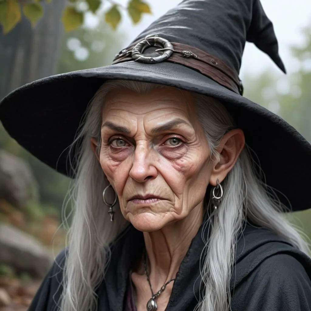 Prompt: hyper-realistic human female, She is very old, a witch/ hag of the sorts, She is evil and powerful witch
, fantasy character art, illustration, dnd,