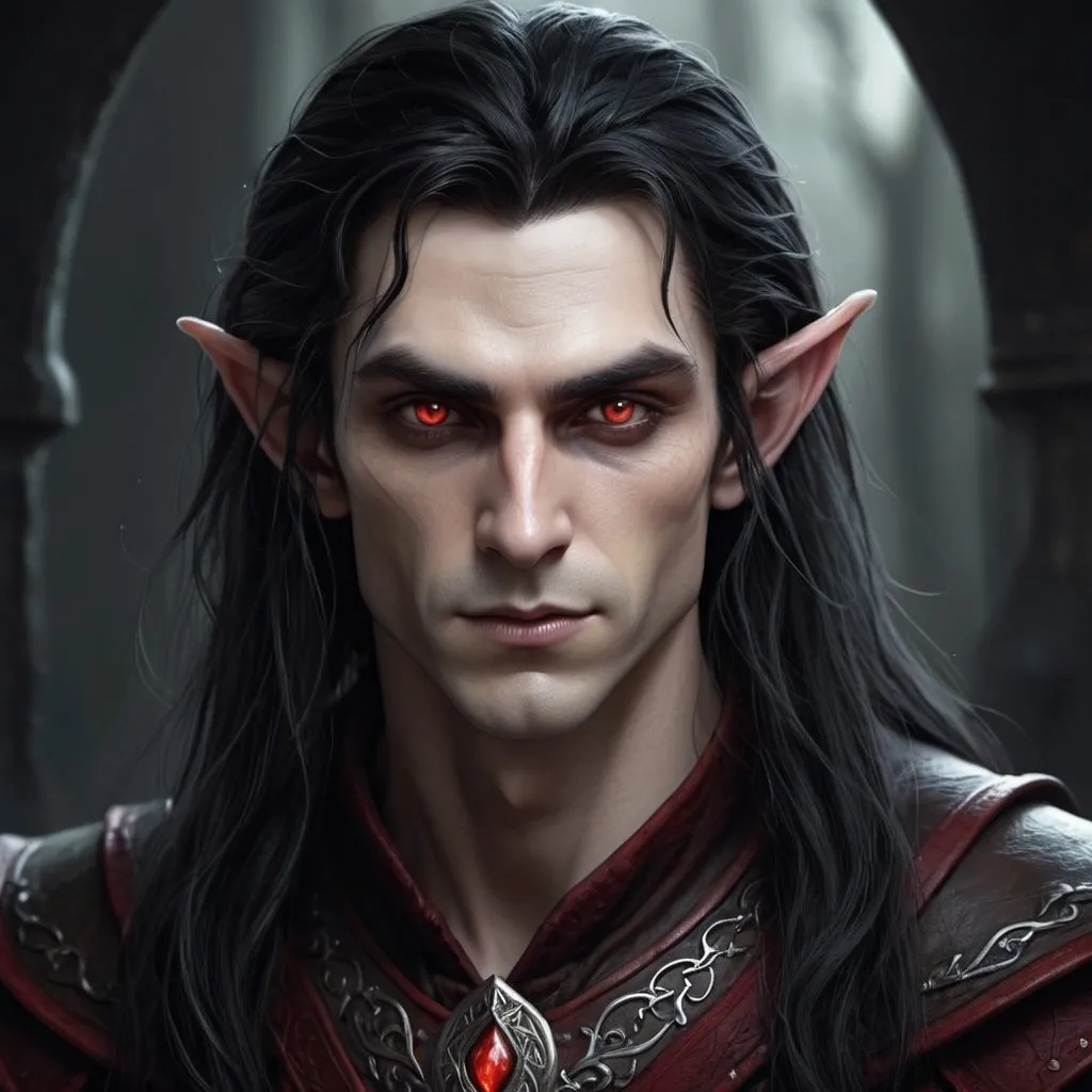 Prompt: hyper-realistic elf male, He is evil, possessed by darkness, has an evil dark aura about him, He is tall, He has long black hair, he has red eye, His skin is grayish in color, turned evil a long time ago
, fantasy character art, illustration, dnd,
