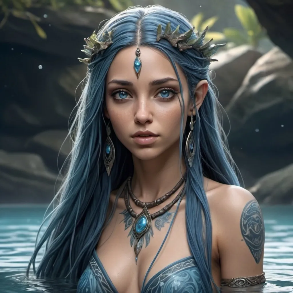 Prompt: hyper-realistic female water nymph  character, She is very human looking but her skin is a light bluish tint, she has ocean colored eye, She has long straight dark ocean colored flowing hair, she is a goddess of water, She has blue tribal tattoos all over her body ,fantasy character art, illustration, dnd,