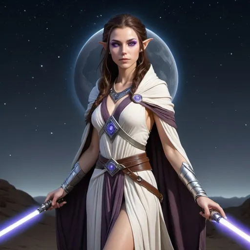 Prompt: Full body, hyper-realistic female space elf character, she is a jedi sorceress, she has violet eyes, she has long dark brown auburn wavy hair with a silver white streak that runs through it, she has tan skin, she has black eye brows and eye lashes, She is a goddess of light, she is average height with an hour glass body shape, she is wearing robes of a jedi knight, a bright light emanates around her, high quality, rpg-fantasy, detailed, night sky background
