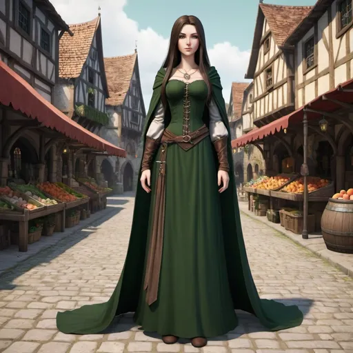 Prompt: Full body, human women She has long dark brown straight hair. She has peachy skin and a round heart shaped face. She has a very sweet and innocent look about her. She has emerald green eyes. she is tall, She is not curvy, she has a smaller chest, she is average in weight, she is wearing a dark green medieval base attire worn by merchants, high quality, rpg-fantasy, detailed, medieval town marketplace background