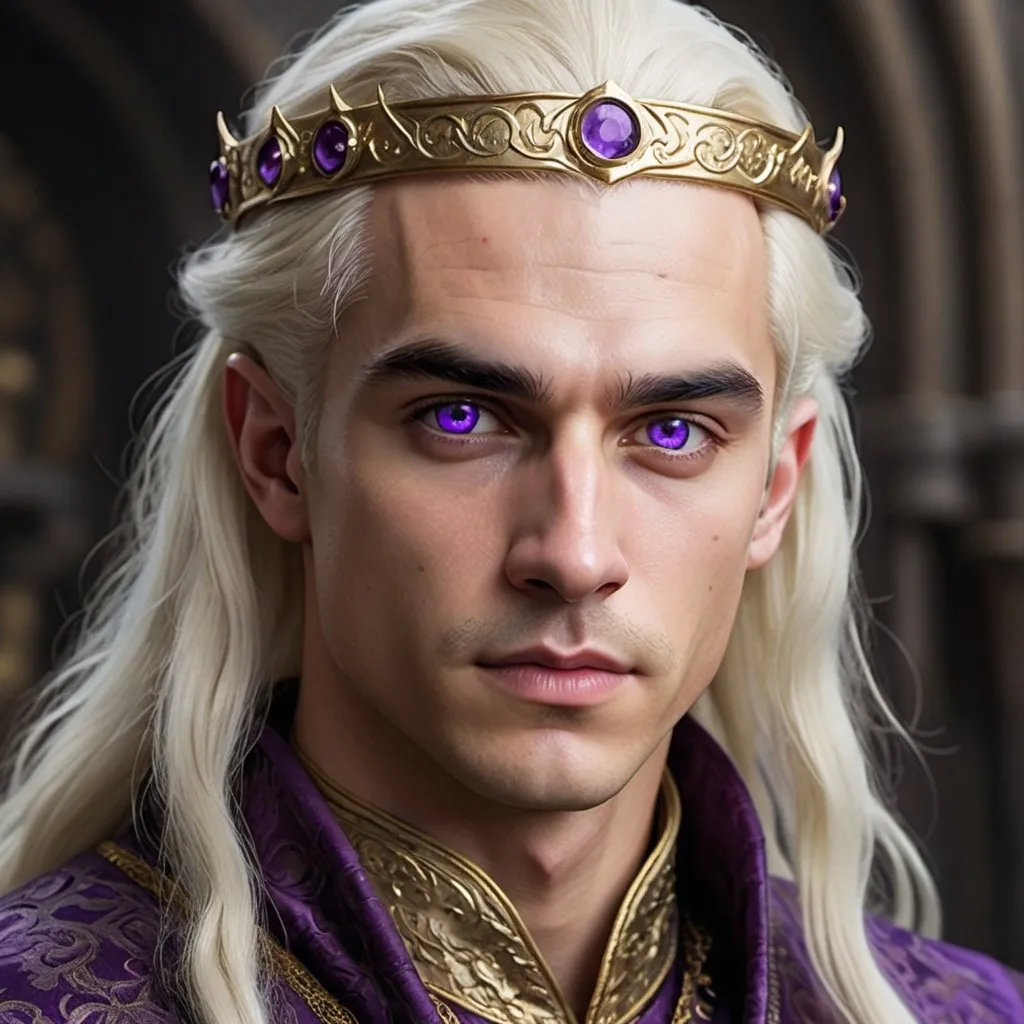 Prompt: hyper-realistic human male, Viserys was plump and round-faced, with a bushy silver-gold mustache. He dressed in dark purple silk brocade and wore the gold-and-gemstone circlet of his grandfather, Jaehaerys I Targaryen, he has violet eye, He has silver blonde hair, fantasy character art, illustration, dnd,