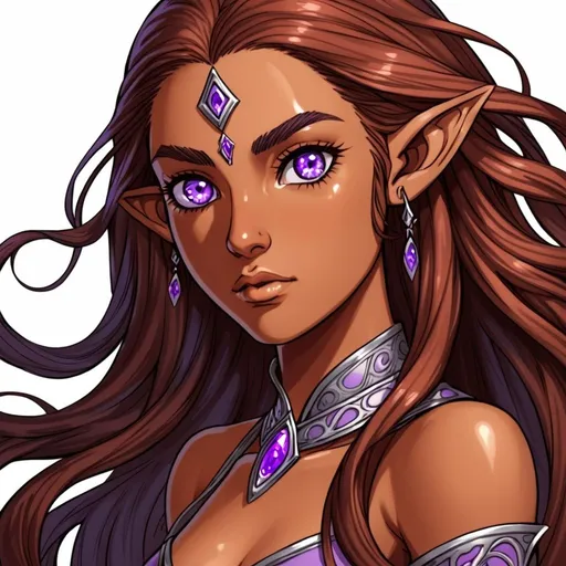 Prompt: female half elf character, she has violet eyes, she has long reddish brown wavy hair, she has tanned skin, she has black eye brows and eye lashes, She is very goddess like, fantasy character art, illustration, dnd,