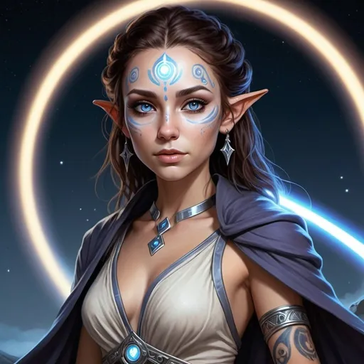 Prompt: Full body, hyper-realistic female space elf character, she is a jedi sorceress, she has violet eyes, she has long dark brown auburn wavy hair with a silver white streak that runs through it, she has tan skin, she has black eye brows and eye lashes, She is a goddess of light, she is average height with an hour glass body shape, she is wearing robes of a jedi knight, a bright light emanates around her, she has tribal face tattoos that are blue in color, He light sabers are white in color, high quality, rpg-fantasy, detailed, night sky background
