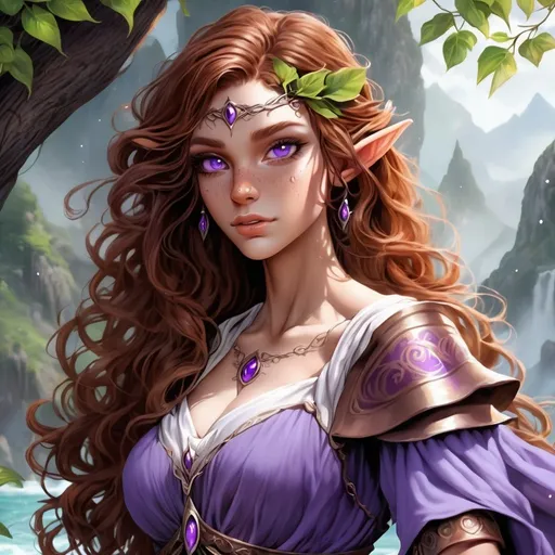 Prompt: female half elf character, she has violet eyes, she has long reddish brown wavy hair, she has tanned skin, she has black eye brows and eye lashes, She is very goddess like, fantasy character art, illustration, dnd,