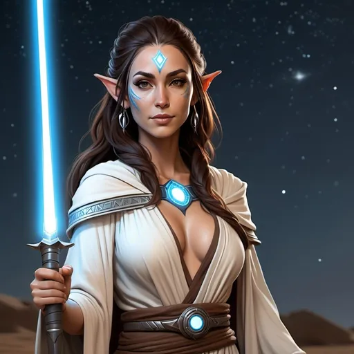 Prompt: Full body, hyper-realistic female space elf character, she is a jedi sorceress, she has violet eyes, she has long dark brown auburn wavy hair with a silver white streak that runs through it, she has tan skin, she has black eye brows and eye lashes, She is a goddess of light, she is average height with an hour glass body shape, she is wearing robes of a jedi knight, a bright light emanates around her, she has tribal face tattoos that are blue in color, He light sabers are white in color, high quality, rpg-fantasy, detailed, night sky background
