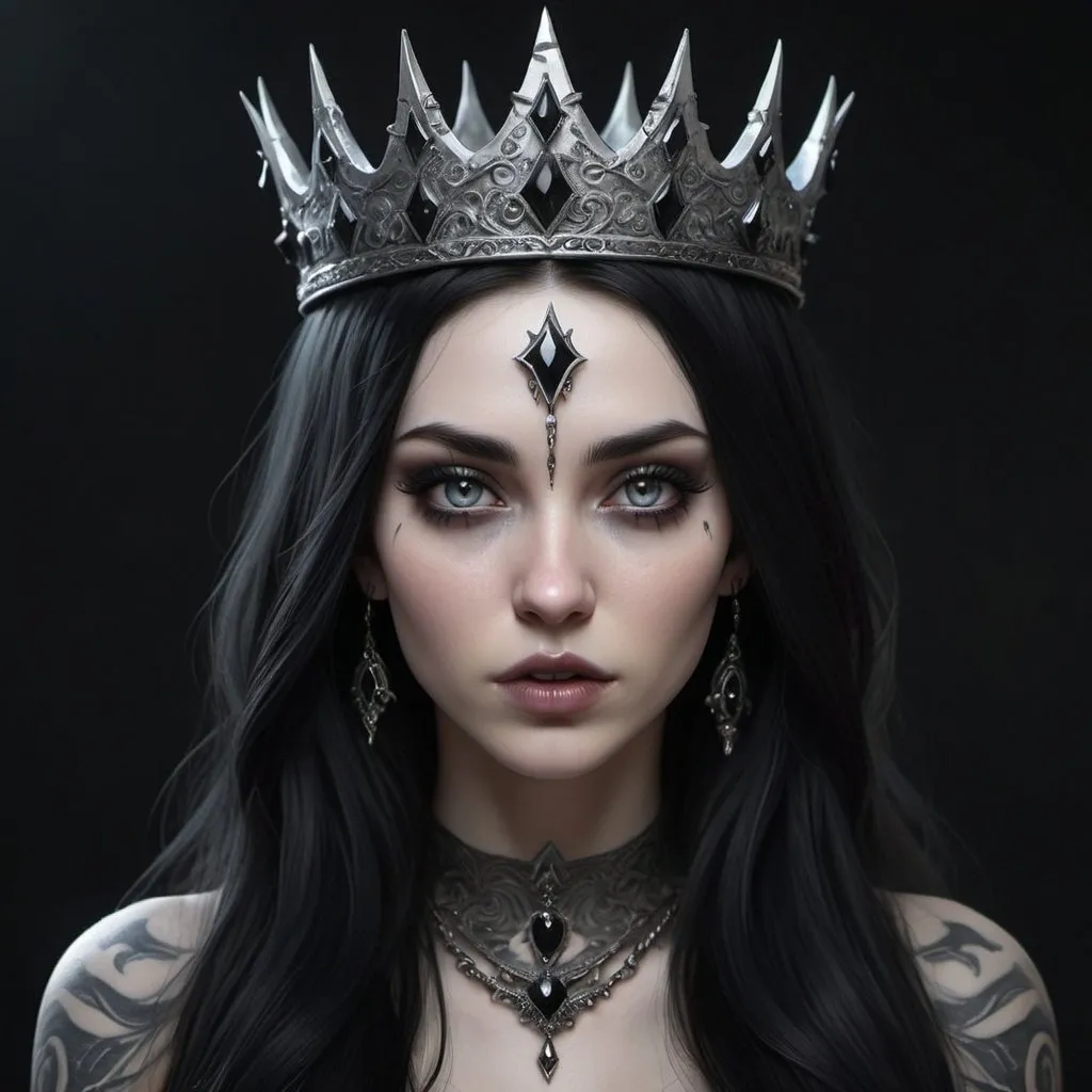 Prompt: hyper-realistic female human  character, she is the goddess of darkness and evil, She has sickly pale skin, She has dark black demonic eyes, She has a glowing black aura around her, She has long dark straight black hair, She has black tattoos on her face, She has a dark black all crystal crown, ,fantasy character art, illustration, dnd,