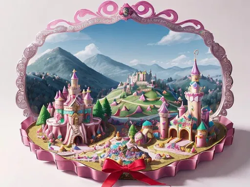 Prompt: Magical Kingdom of Sweets with rolling hills and a candy castle. Lollipops, candy canes, and an assortment of candy. Inspired by Act 2 of The Nutcracker's Land of Sweets. Rolling hills and Mountains and distant views.