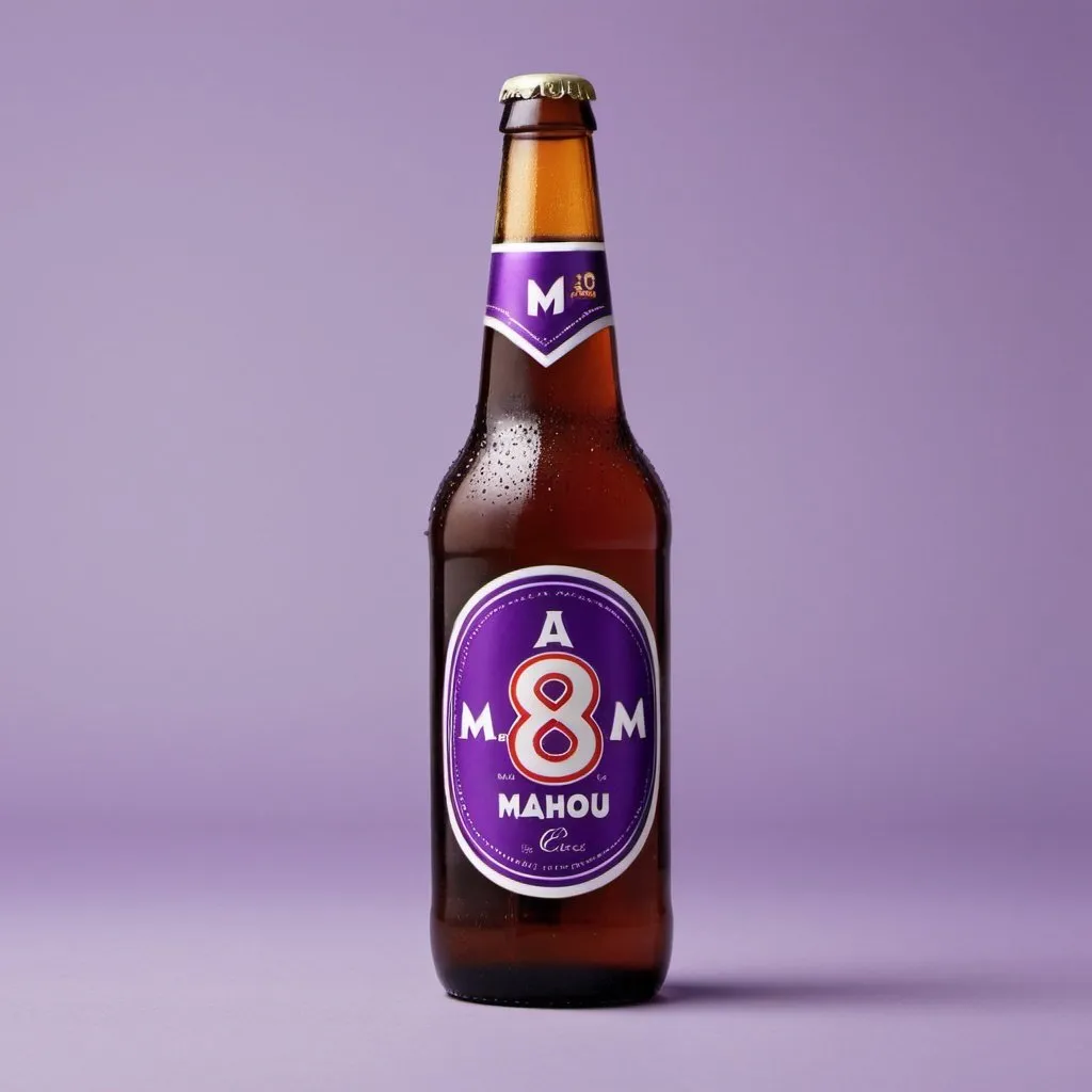 Prompt: Botellín de cerveza de la marca Mahou, de color morado y con un logo de “8m” y con un diseño femenino
