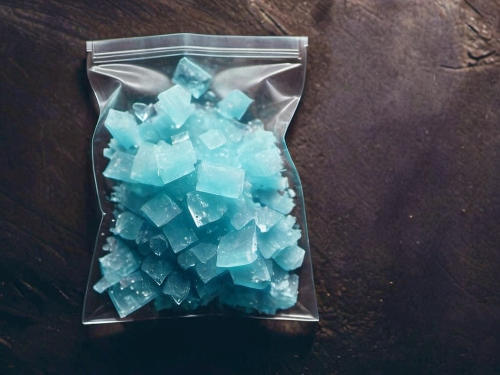 Prompt: A small-sized, transparent plastic bag containing small, irregularly shaped blue crystals of methamphetamine. The bag is placed against a flat, dark gray background. The transparent bag slightly glistens under the light, revealing the crystalline texture of the blue meth inside.