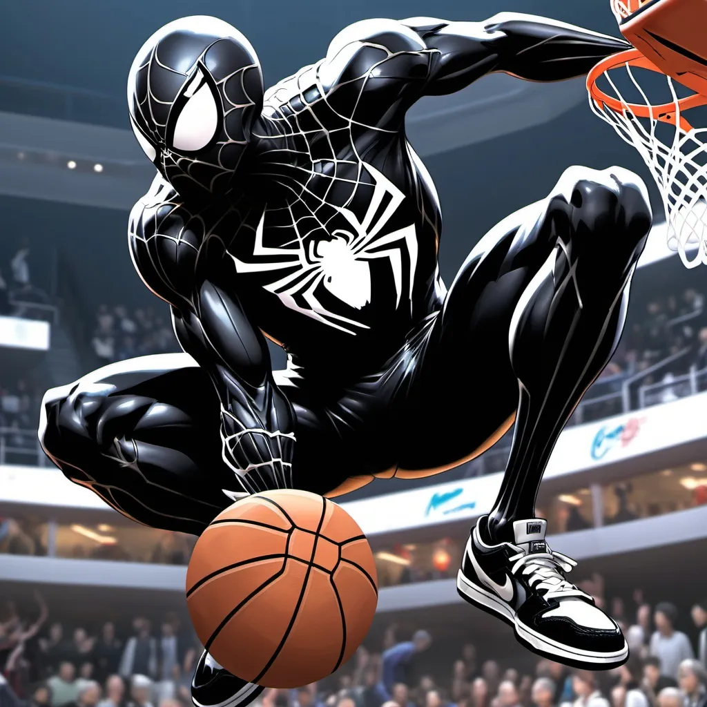 Prompt: anime, Symbiote Spider-Man dunks a basketball