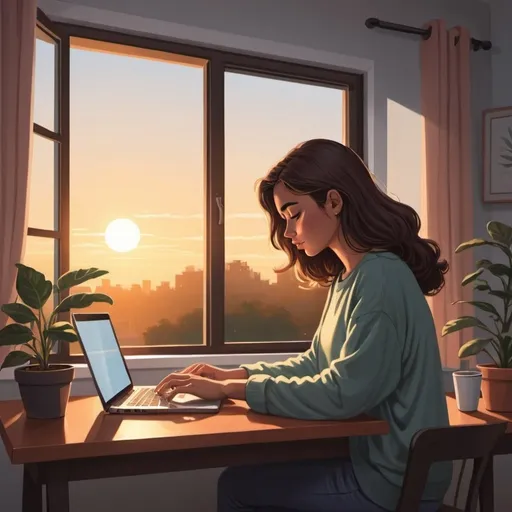 Prompt: illustration image for a girl sitting on a study table facing the window with a small plant on her left side and a coffee mug on her right side She is looking at her laptop as the sun falls on her face. she is typing something on her laptop