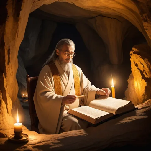 Prompt: Master teaching Cabala in candlelit cave, detailed robes and ancient scrolls, mystical atmosphere, warm golden lighting, highres, detailed illustration, mystical, ancient, detailed robes, teaching Zohar, candlelit, warm lighting, atmospheric, mystical atmosphere