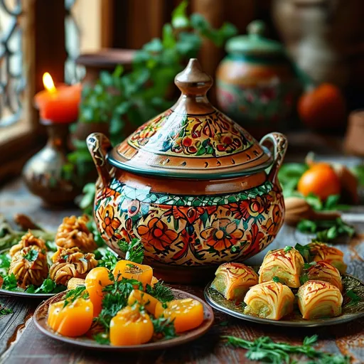 Prompt: (accurately spelled text "کلمپه کرمان طیّبات"), traditional Persian dish, intricate detail, beautifully arranged, vibrant colors, warm tones, cultural elements, inviting presentation, high-quality, ultra-detailed photography, cozy ambiance, rustic background, traditional pottery, garnished with fresh herbs, textured surfaces, artful composition, mouthwatering appeal, celebrating heritage, food art.