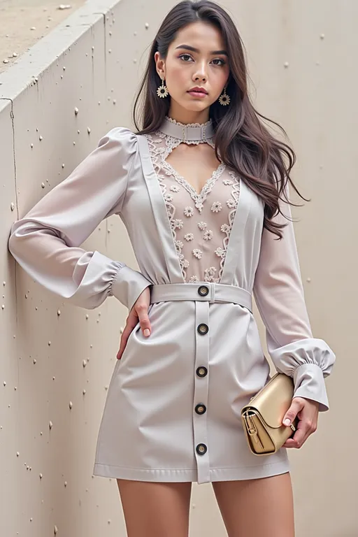 Prompt: The image is a portrait of a young woman posing in a white dress. She is standing in front of a white wall with water droplets cascading down it. The dress is made of a shiny, satin-like material and has a high neckline with a lace overlay. The woman has long dark hair styled in loose waves and is wearing large, dangling earrings. She has a gold clutch in her hand and is looking directly at the camera with a serious expression. The overall mood of the image is elegant and sophisticated.