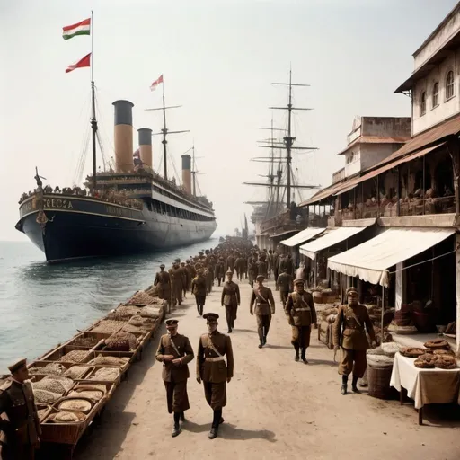 Prompt: an austrian commercial emporium in india. in this scenario austria hungary won ww1 and is able to establish many emporiums in africa and asia. the scene is set in 1934. you can see the ships, the sea, and the establishment. the scene is taken from the outside