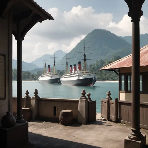 Prompt: an austrian commercial outpost in malaysa. in this scenario austria hungary won ww1 and is able to establish many outpostsin africa and asia. the scene is set in 1934. you can see the ships, the sea, and the establishment. the scene is taken from the outside.