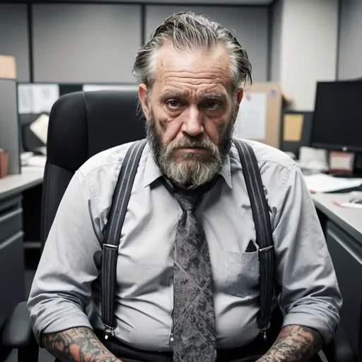 Prompt: An image of an old depressed bearded man with a tie and suspenders with tattoos sitting in an messy grey office cubicle