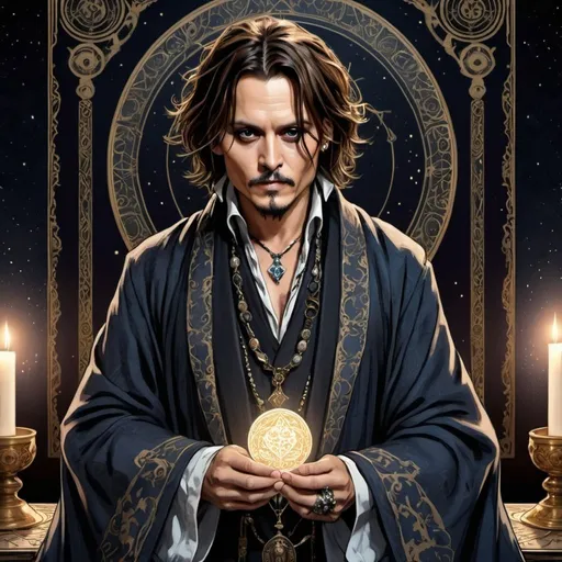 Prompt: tarot card Anime illustration, Johnny Depp, detailed ornate cloth robe, dramatic lighting