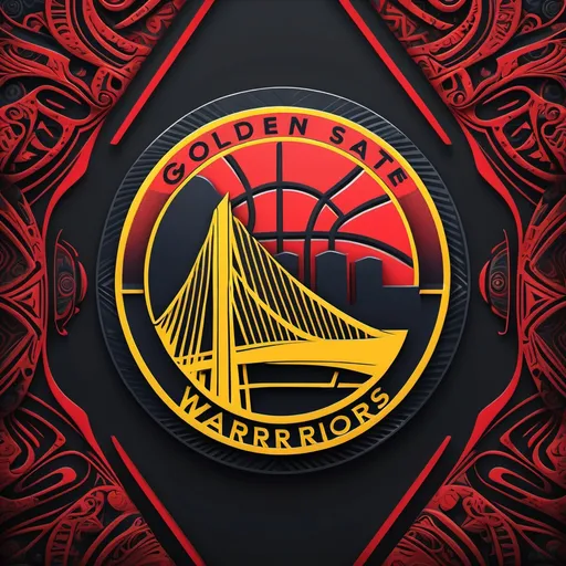 Prompt: (golden state warriors themed) complex background design, (black and red) vibrant color scheme, intricate patterns and geometrical shapes, bold graphics, high contrast elements, dynamic layout, sports-inspired atmosphere, encapsulating passion and energy, ideal for a home screen display, ultra-detailed, high-resolution, modern and stylish design.