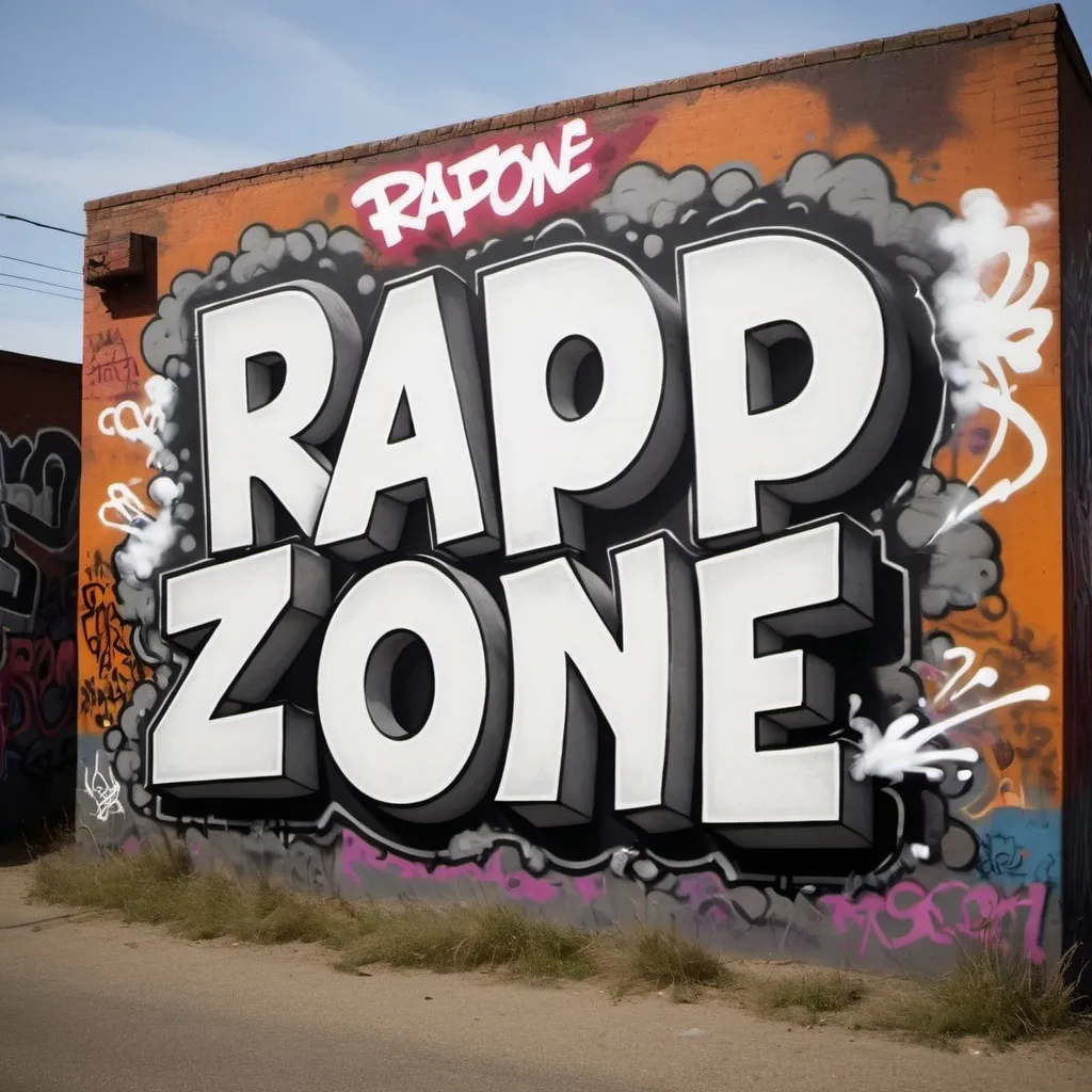 Prompt: photography in style of hollowood sign in epic landscape with text: "RAP ZONE" in graffiti style, volumetric light and volumetric smoke with painted graffiti and tags in big signs, typography in style of neville brody, hand block print