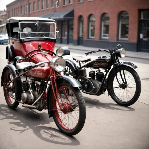 Prompt: picture of a pre-war motorcycle and a pre-war car

