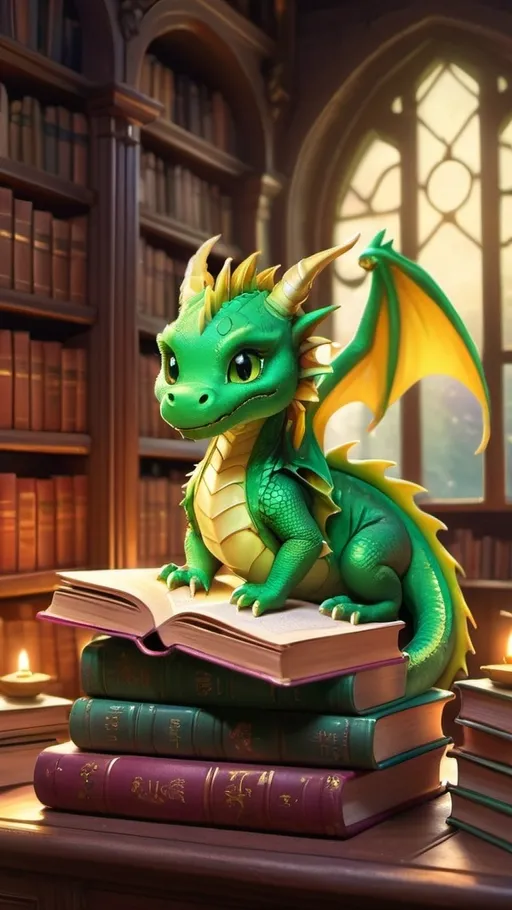 Prompt: (vibrant fantasy scene), (green cute dragon), reading a book, perched upon a stack of books, surrounded by an enchanting library filled with rows of colorful tomes, soft golden lighting creating a cozy atmosphere, highly detailed, rich textures, an air of whimsy and magic, inviting ambiance, intricate backgrounds, ultra-detailed, 4K, fantasy anime cartoon