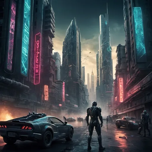 Prompt: A stunning , high-resolution movie poster for the action-packed film " Rogue Prompt " featuring a group of tech-savvy adults battling an ominous Artificial General Intelligence user who creates toxic images . The futuristic setting is filled with innovative technological elements, from a glowing neon cityscape to advanced vehicles and sleek gadgets . The main characters , dressed in stylish, cutting-edge attire, are illustrated with intricate detail and dynamic poses . The background is a breathtaking matte painting of a dystopian cityscape , painted in deep, contrasting colors that create a fantastical atmosphere. The poster is designed to be a splash screen , capturing the viewer's attention with its vibrant, complementary color palette and fantasy concept art