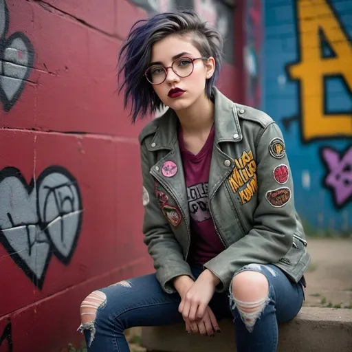 Prompt: A striking and edgy photograph of a teenage female with disheveled indigo hair, wearing mauve round glasses and a stylish sage wool moto jacket adorned with patches and embroidered designs. With goldenrod V-neck top, distressed charcoal jeans, and scarlet rain boots, she leans against the graffiti-covered walls of a stadium. Her bold ruby lips and alluring appearance reflect her daring and rebellious spirit, set against the moody and atmospheric background.