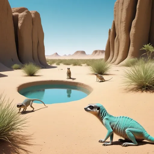 Prompt: Photorealistic. A pristine oasis that has never been seen before.
It is high noon and the sky is turquoise.
There is a curious chameleon that is doing something unusual, it is camouflaging while blending.
The overall mood of the scene is enchantment.
In the background, there is a group of 12 scurrying meerkats that is foraging.