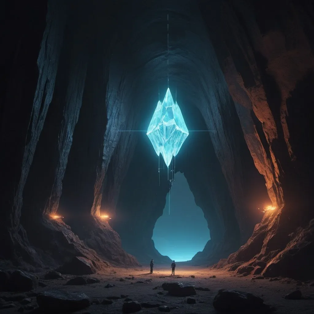 Prompt: Photorealistic image: A primordial cavern that has never been seen before.
It is nightfall and the sky is obsidian.
There is a cybernetic drone that is doing something unusual, it is hovering while humming.
The overall mood of the scene is enigmatic.
In the background, there is a group of 8 luminescent crystals that is pulsating.