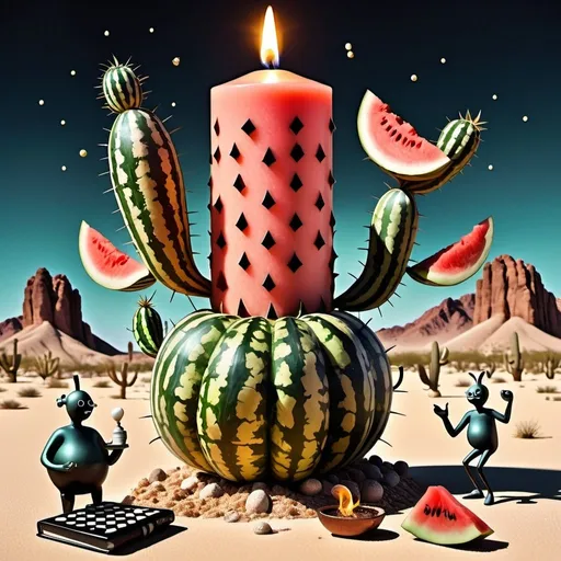 Prompt: A calculator of watermelons juggling and hopping in the salty desert, their shiny antenna calculator laughing on the cactus's thorns. Nearby, books swim on metallic clouds, painted by fragrant rainbows. The teapot jumps gently with the rhythm of pencils and spicy chocolate microphones, while sofas fly overhead, occasionally diving down to play chess with the amused rocks. In the background, a skyscraper candle burns in polka-dotted harmony, with spaghetti climbing boldly into the reflective sky.