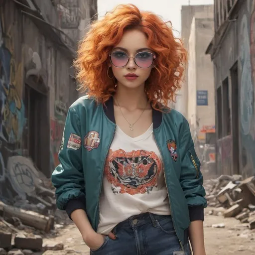 Prompt: Image: The image depicts a stylized rendering of a young woman with a bold and edgy appearance. They have curly orange hair that flows gracefully around their face, and are wearing distinctive crimson aviator glasses. Their makeup, if any, features vibrant strawberry lips, giving them a striking and confident look.

They are wearing a teal satin bomber jacket covered in various patches and embroidered designs, giving it a country vibe. Underneath, they wear a white v-neck top and distressed indigo jeans, along with navy sandals. 

The background shows a cathedral with graffiti-covered walls, adding to the gritty aesthetic. The lighting and colors used in the image create a melancholic and atmospheric tone, emphasizing their rebellious and punk persona., photo