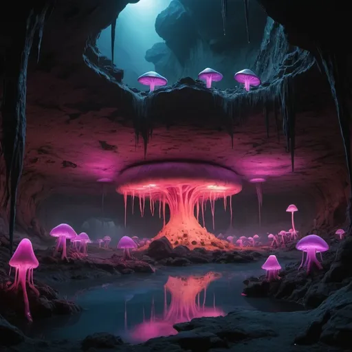 Prompt: Photorealistic image: A primeval cavern.  
It is twilight and the sky is sangria.
There is a cybernetic behemoth that is doing something unusual, it is lumbering while bellowing raucously.
The overall mood of the scene is foreboding.
In the background, there is a group of 16 bioluminescent fungi that is pulsating.