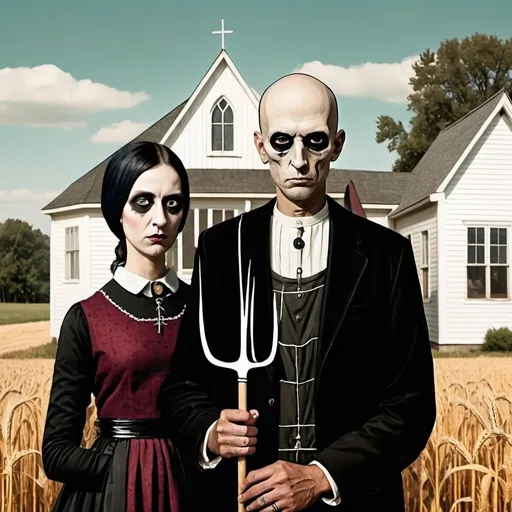 Prompt: a creative and stylized reimagining of the famous "American Gothic" painting, but with a gothic/punk aesthetic. The scene features two 30 year old figures standing in front of a rural backdrop with a white wooden house with a distinctive arched window, similar to the original painting. However, the characters have been reimagined as gothic or punk-style individuals: The woman on the left has Goth attire and make-up. The man on the right is similar, holding what appears to be a pitchfork, mimicking the pose from the original painting. Both figures have intense, somewhat confrontational expressions, staring directly at the viewer.

The background includes elements like a wheat field in the foreground and some buildings, maintaining a rural setting but with a moody, greenish sky that adds to the gothic atmosphere.

This image creatively blends classic Americana with contemporary subculture aesthetics, resulting in a striking and somewhat surreal composition.