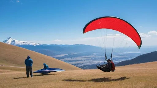 Prompt: This image depicts a scenic view of a mountain landscape, with two hang gliders  set up on a barren, rocky hillside in the foreground. The sky is a brilliant shade of blue, with a few wispy clouds visible, indicating clear weather conditions. In the distance, snow-capped mountain peaks can be seen, adding to the dramatic and picturesque scenery. One of the hang gliders is a bright red color with a smiley-face design, giving it a playful and eye-catching appearance. The other glider is yellow and blue in color. A person can be seen crouching near one of the gliders, likely preparing for takeoff or making adjustments. The ground is soil and barren, with some scattered gear or equipment visible near the gliders, such as backpacks or storage bags. The overall scene captures the thrill and adventure of hang gliding in a stunning mountain setting, with the vibrant colors of the gliders contrasting against the rugged natural landscape.