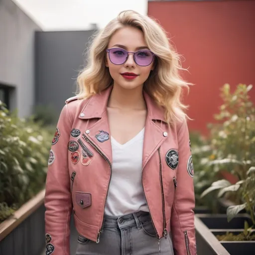 Prompt: The photographic image depicts a youthful female person with a relaxed and cheerful appearance in a standing full-body pose, showing their entire body, head to toe. They have wavy blonde hair that flows freely around their face, and are wearing elegant violet cat-eye glasses. Their makeup features subtle peach lipstick and light eyeliner, giving them a friendly and approachable look. They are wearing a scarlet leather biker jacket covered in various patches and embroidered designs, giving it a hip-hop vibe. Underneath, they wear a white v-neck top and stylish grey jeans, along with red ankle boots. The background shows a rooftop garden with minimalist art-covered walls, adding to the modern aesthetic. The lighting and colors used in the image create a bright and atmospheric tone, emphasizing their energetic and positive persona.