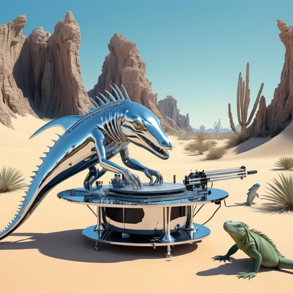 Prompt: in the style of Roger Dean: a giant 3D printer making a chrome drum kit in a desert landscape with an iguana and a dolphin nearby.