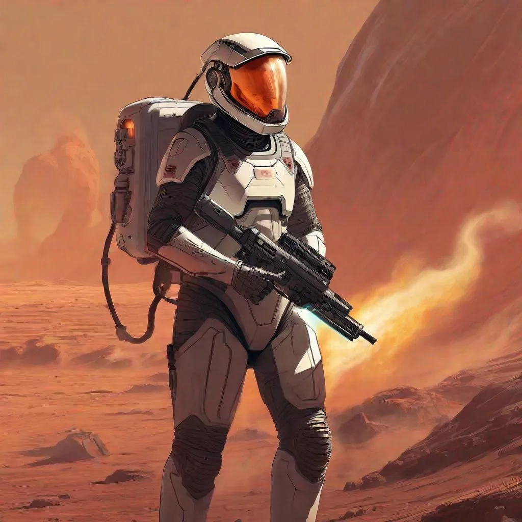 Prompt: fantasy, futuristic, elon musk with a flamethrower on mars